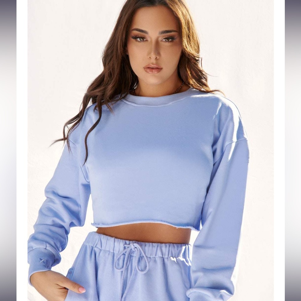 Powder Blue Raw Edge Crop Sweatshirt Jumper Off Duty CXIX Cozy Sexy Athleisure